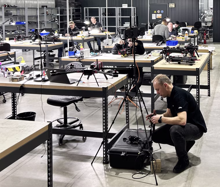 Origin technicians work on interceptor drones at a factory in Riga, Latvia last week.
