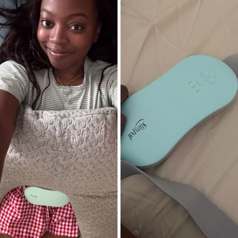 Aerial shot of Alabi wearing the Slimpal in bed; the Slimpal resting on Alabi’s bedsheets.