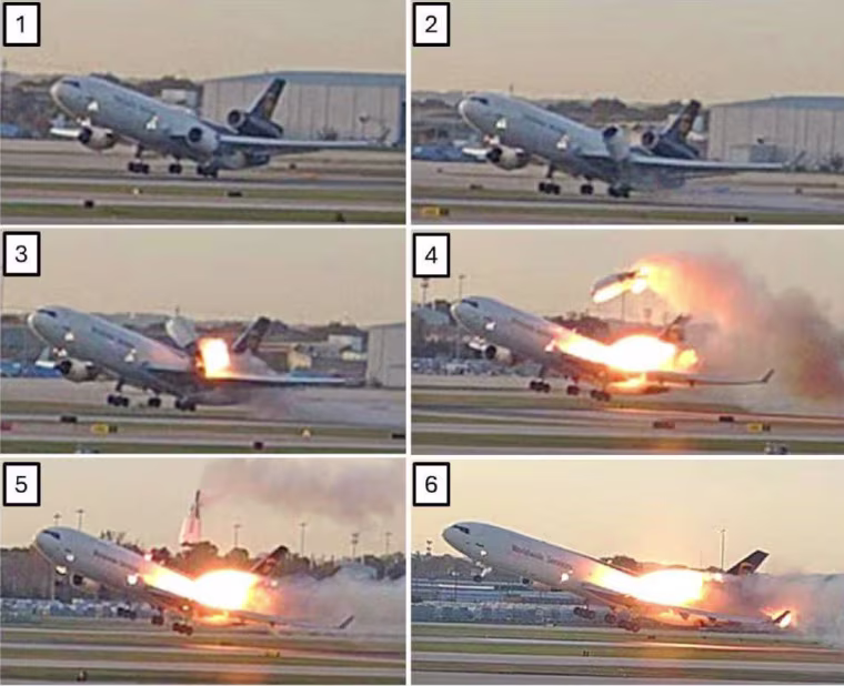 Airport surveillance video of the UPS airplane that crashed in Louisville, Ky., on Nov. 4, 2025, shows the left engine and pylon separating from the wing during takeoff.