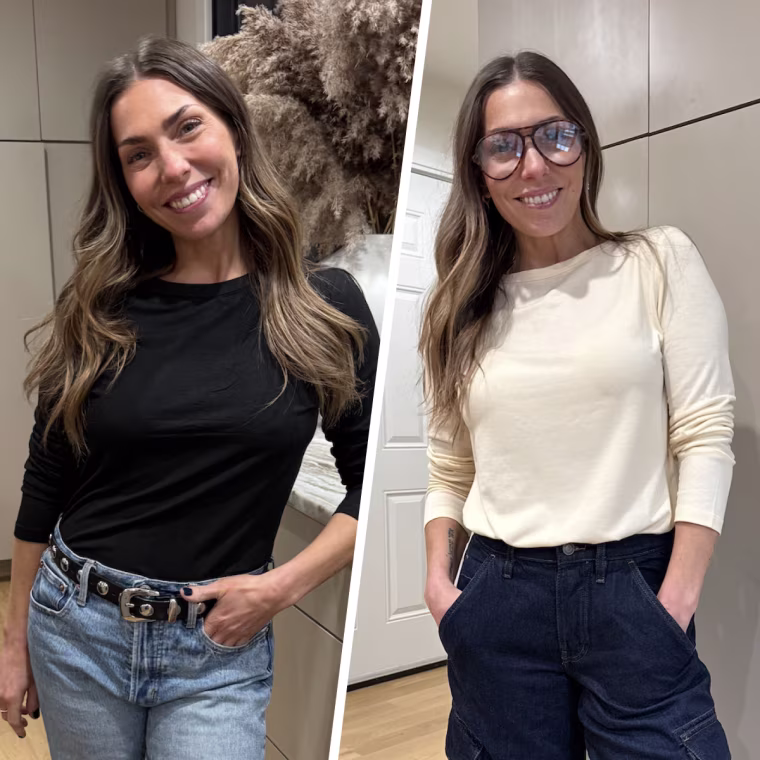 Shop TODAY contributor Melissa Garcia models the Sunbs Women's Loose Fit Long Sleeve Shirts.