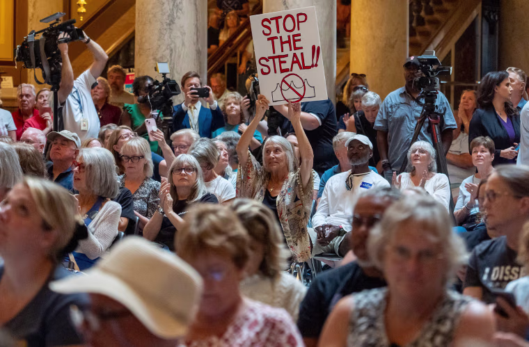 Demonstrators rally against redistricting on Sept. 18, 2025, inside the Indiana Statehouse.