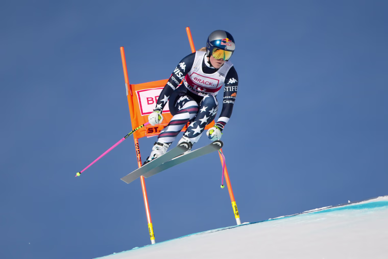 Lindsey Vonn takes air during downhill event