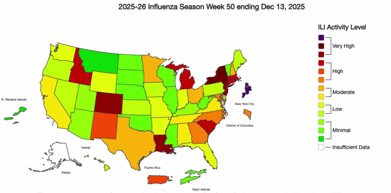 U.S. map showing flu spread, ending Dec. 13.