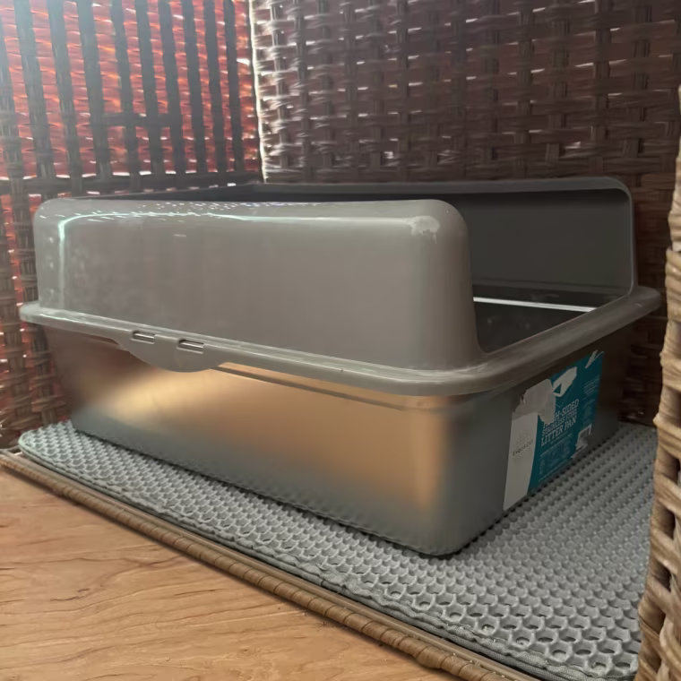 Stainless steel litter box on light grey mat