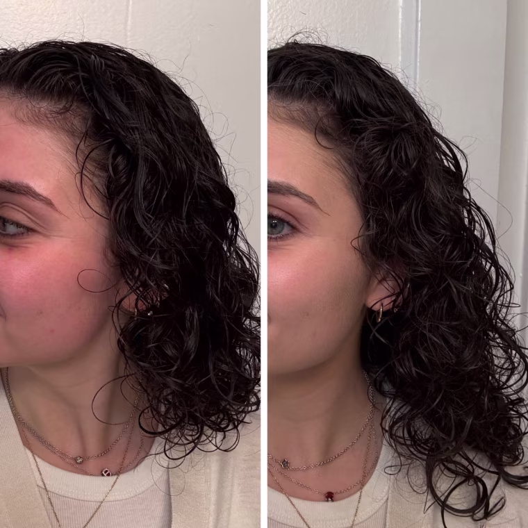 Before image of woman wearing no foundation and after of same woman wearing Lancome foundation