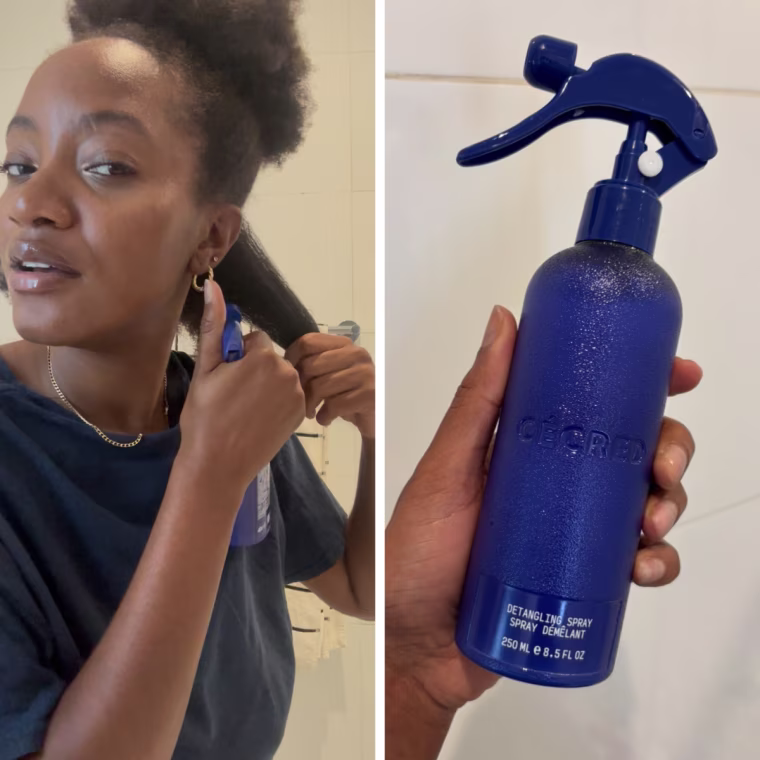 Morris using the Cecred Detangling Spray (R)The Cecred Detangling Spray held in front of a tiled bathroom wall.