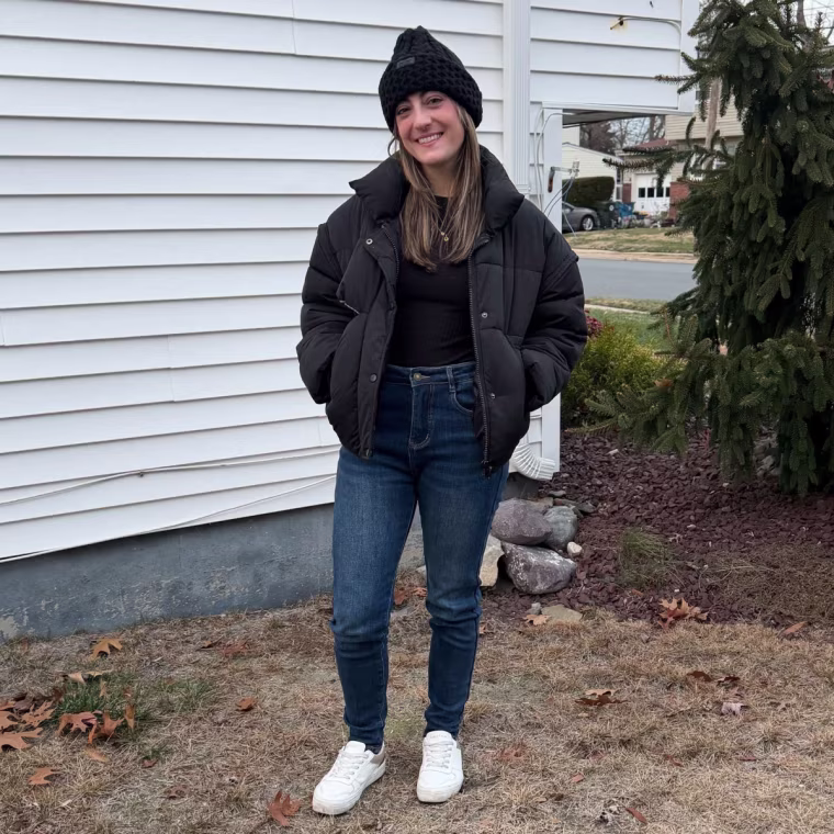 Commerce writer Danielle Murphy wearing the Heipeiwa Fleece-Lined Jeans.
