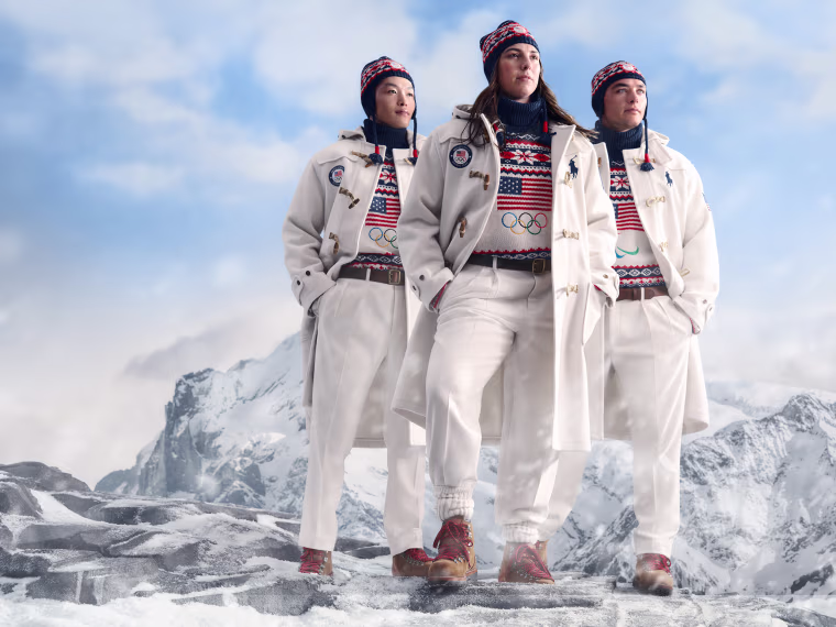 Athletes model Team USA’s opening ceremony uniform designed by Ralph Lauren.