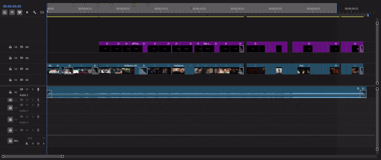 A video sequence timeline in Adobe Premiere showing clips, audio and text files.