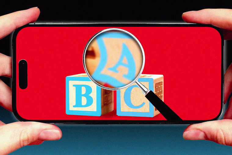 Photo illustration of hands holding phone, on the phone screen: a magnifying glass and ABC block letters 