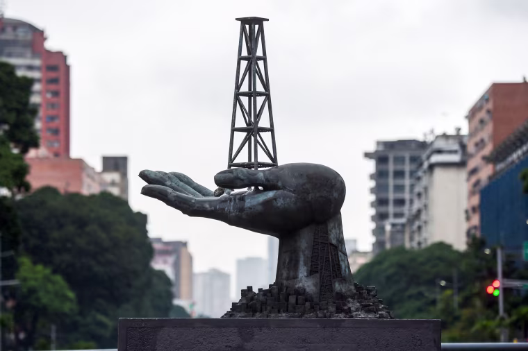 View of the Peace Monument sculpture in front of the Petroleos de Venezuela.