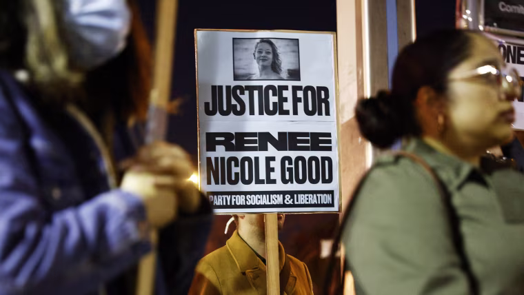 A placard for Renee Nicole Good, during a protest in in San Francisco following her death on Jan. 7, 2026 in Minneapolis. 