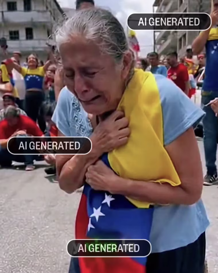 An AI-generated image of a crying elderly woman holding a Venezuelan flag