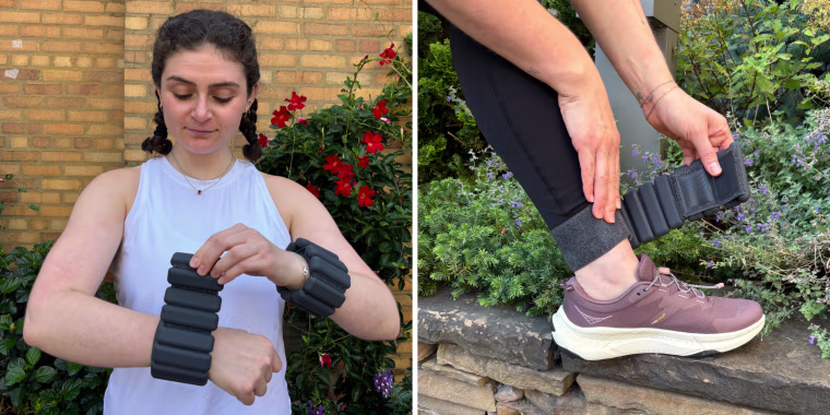 Malin placing the Bala Bangles on her ankle on a brick stoop; Malin wrapping the Bala Bangle around her wrist in front of a brick wall with greenery.