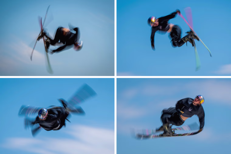A composite of multiple photographs shows freestyle skier Mac Forehand practicing a switch triple cork 1980 mute while jumping onto an airbag