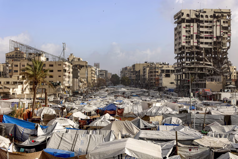 Tents and shelters at a camp for the displaced near the Unknown Soldier Square in Gaza City on January 28, 2026.