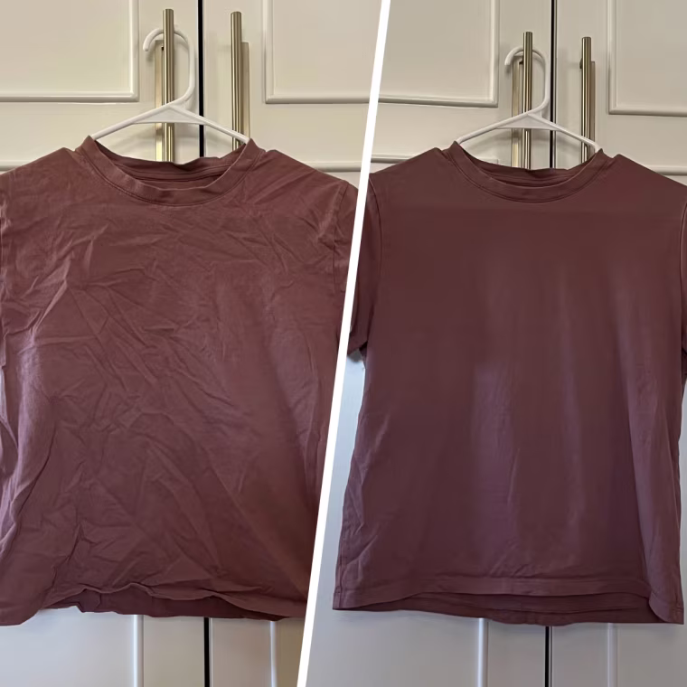 Producer Jillian Gonzales's t-shirt before and after using the Bounce 3-in-1 Anti-Static Spray.