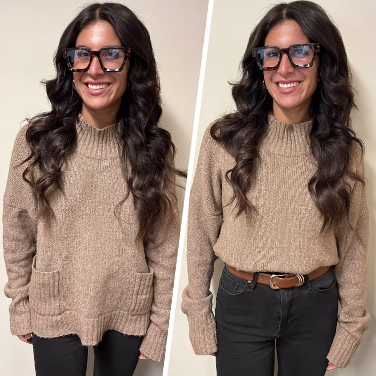 Associate producer Alexa Arent uses the Sansths Crop Top Tuck Band to neatly shorten her sweater.