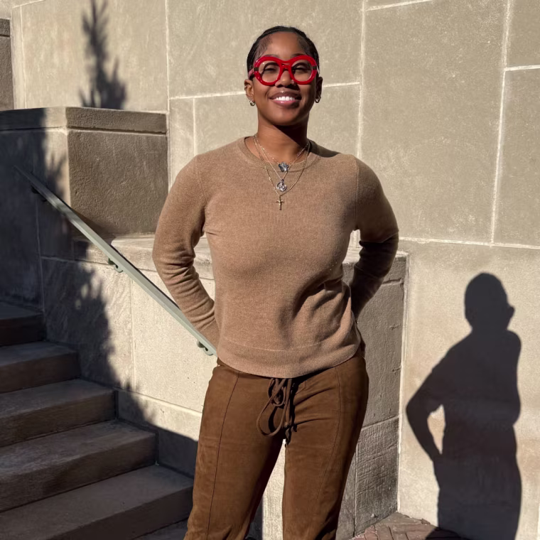 Creative coordinator Ayanna Chambers wearing the Quince Cashmere Crewneck.
