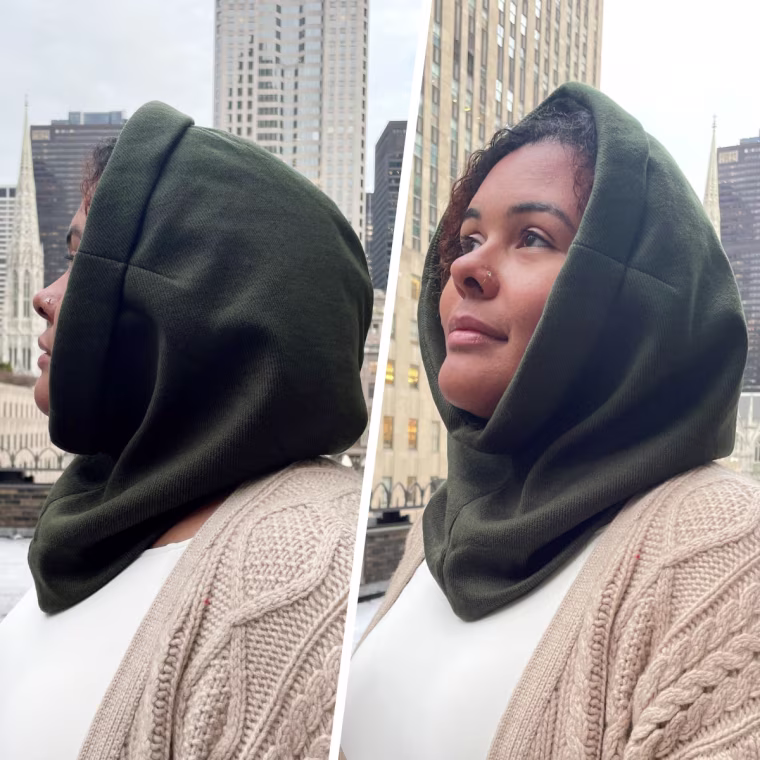 Associate editor Kamari Stewart wearing the Hairbrella rain scarf.
