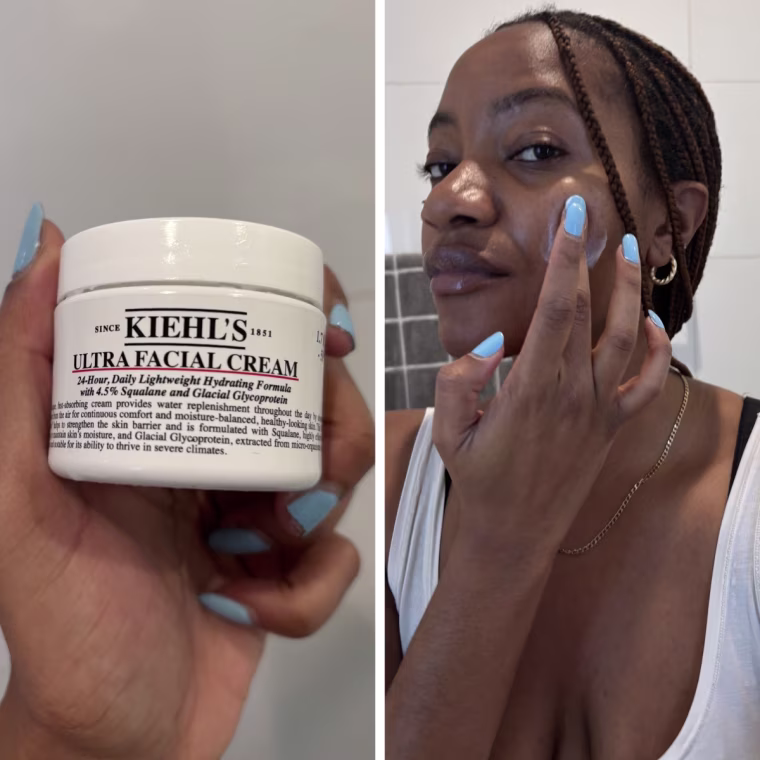 Left: The Kiehl’s Ultra Facial Cream held in front of a tiled bathroom wall. Right: Morris applying the Kiehl’s Ultra Facial Cream to her face.