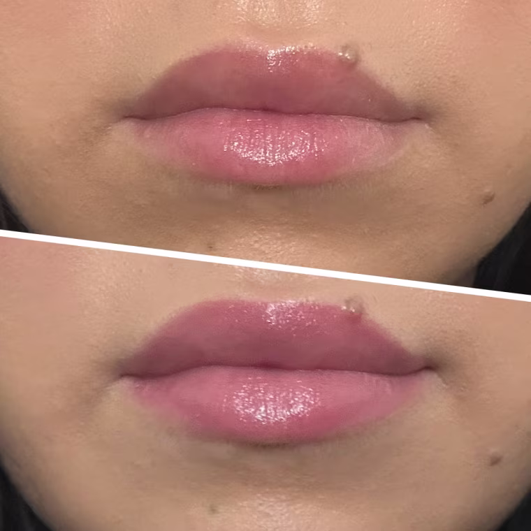 Before (top) and after (bottom); San Miguel wears shade 'Lavish Lilac.'