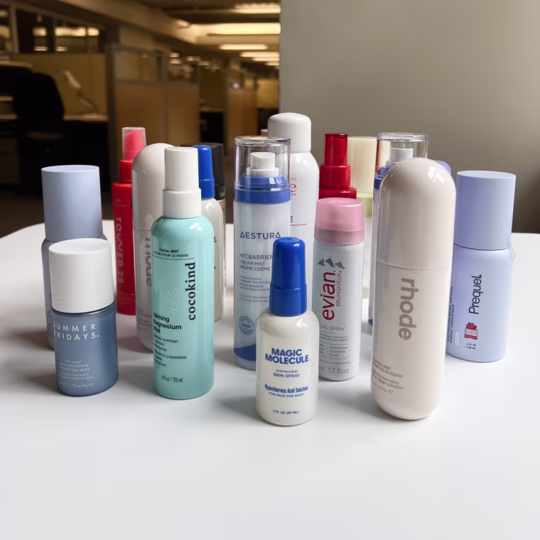 Several facial sprays on a table