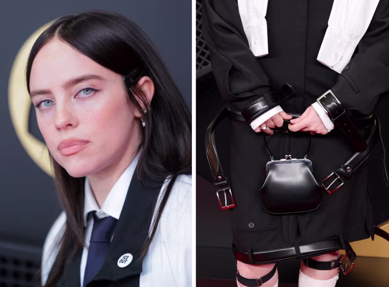 Billie Eilish wears an "ICE OUT" pin on the red carpet.