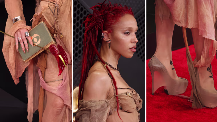 First-time winner FKA twigs stuns in an ethereal ensemble, featuring an anthuriam flower accessory.
