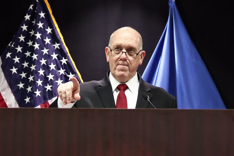 White House border czar Tom Homan speaks at the Bishop Henry Whipple Federal Building in Minneapolis