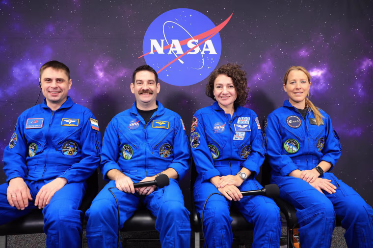Crew members of NASA’s SpaceX Crew-12 mission, from left to right, Roscosmos cosmonaut Andrey Fedyaev, NASA astronauts Jack Hathaway and Jessica Meir, and ESA (European Space Agency) astronaut Sophie Adenot, participate in a news conference from Astronaut Crew Quarters inside the Neil A. Armstrong Operations and Checkout Building at the agency’s Kennedy Space Center in Florida on Sunday, Feb. 8, 2026. The Crew-12 mission is slated to launch to the International Space Station aboard SpaceX’s Dragon spacecraft atop company’s Falcon 9 rocket from Cape Canaveral Space Force Station’s Space Launch Complex 40 at 6:01 a.m. EST on Wednesday, Feb. 11.