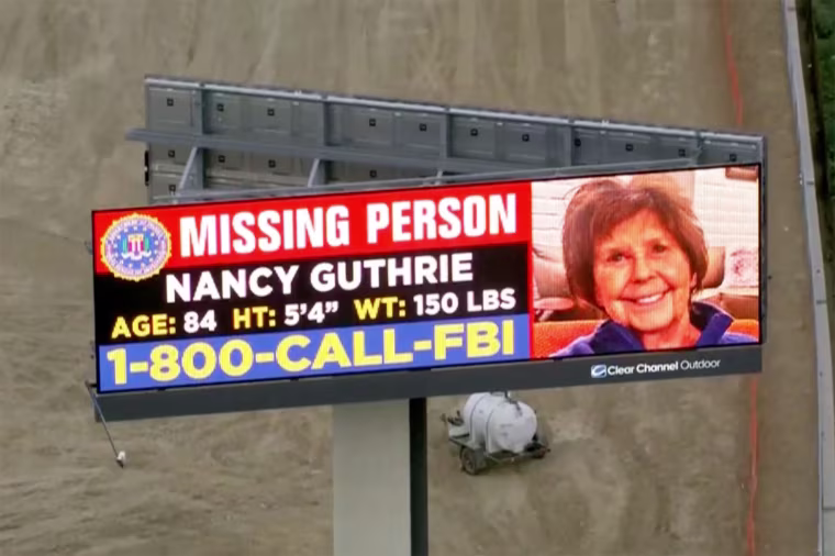An FBI billboard in California displaying a missing person alert for Nancy Guthrie on Monday.