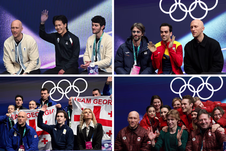 Clockwise from top left: Richaud appears in the kiss and cry zone with France's Adam Siao Him Fa, Tomas Guarino Sabate of Team Spain, Team Canada and Team Georgia.