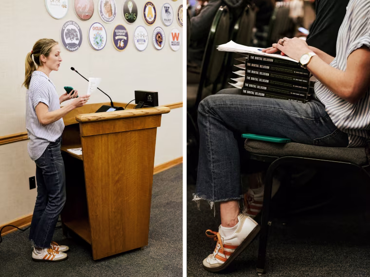 Julie Frumin speaks at the Board Meeting at Conejo Valley High School in Thousand Oaks, Calif., on Feb. 5, 2026