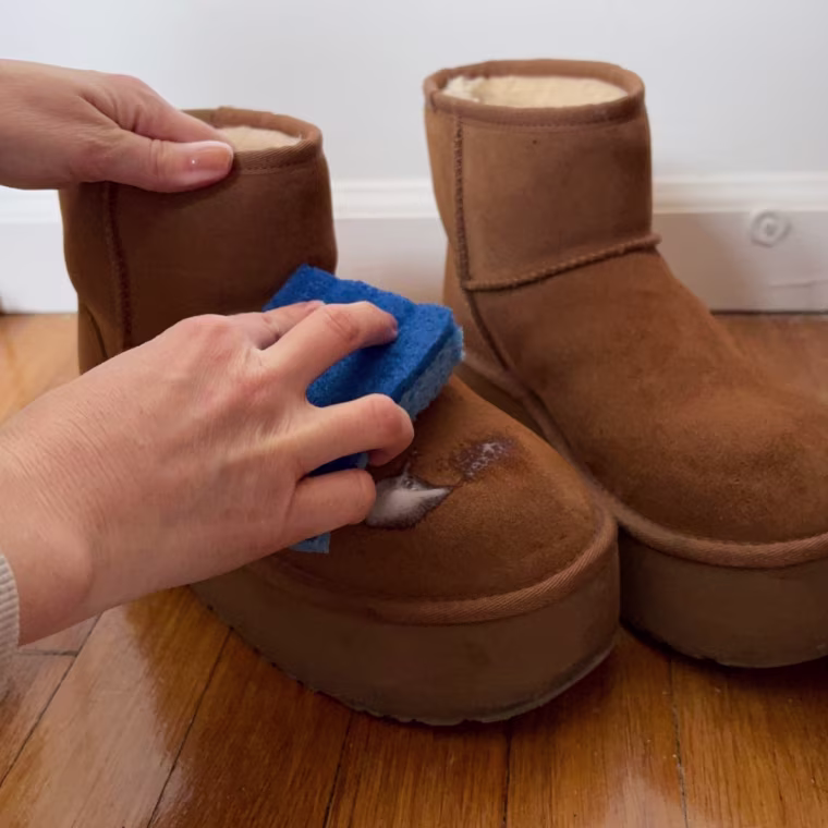 Using the Ugg Care Kit Cleaner and Conditioner on suede. 