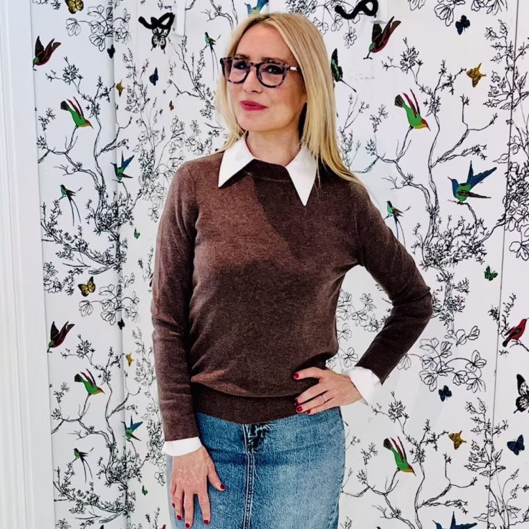 Shop TODAY contributor Chassie Post layers her Arach&Cloz Women's Long Sleeve Sweater with a collared shirt.