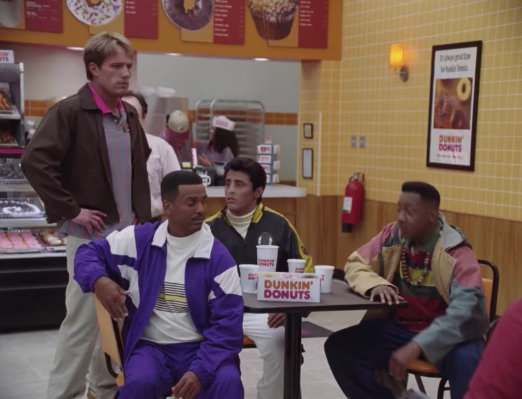 Ben Affleck, Alfonso Ribeiro, Jason Alexander, Matt LeBlanc and Jaleel White in Dunkin's Super Bowl ad.