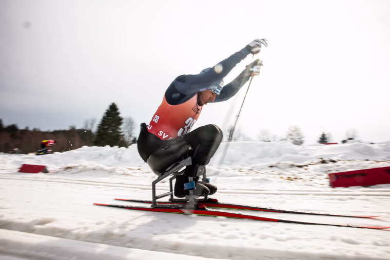 David Chávez during World Cup competitions in Finsterau, Germany in January. The key to Para nordic skiing is the initial pole strikes into the snow, which produces speed and momentum.