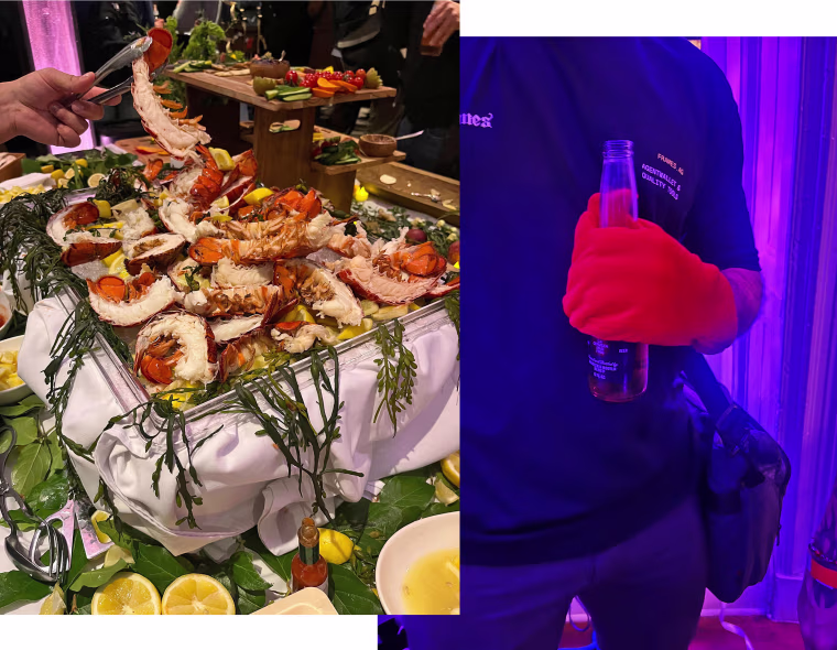 Attendees enjoy a lobster spread at Claw Con in New York; a man holds onto his beer with a "lobster" glove.