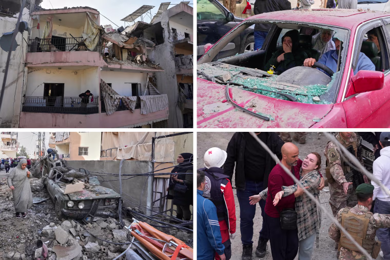 Civilians react to damage by an Israeli airstrike that hit an apartment in the south port city of Sidon, Lebanon, last Friday.