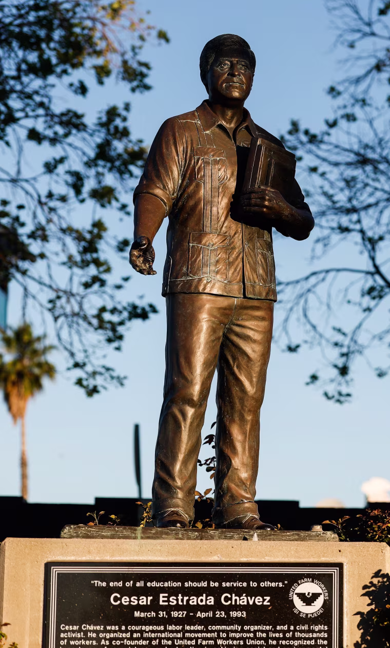 A statue of labor leader and civil rights activist Cesar Chavez in Cesar E. Chavez Memorial Park.