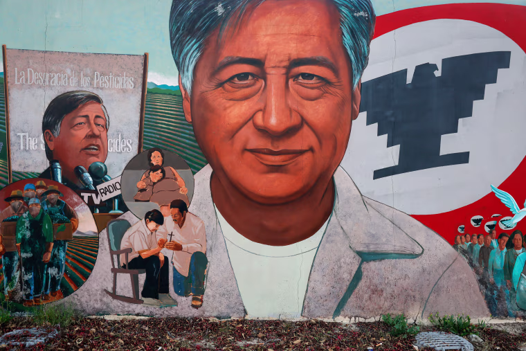 A mural of labor leader and civil rights activist Cesar Chavez is displayed at the Cesar E. Chavez Memorial Park.