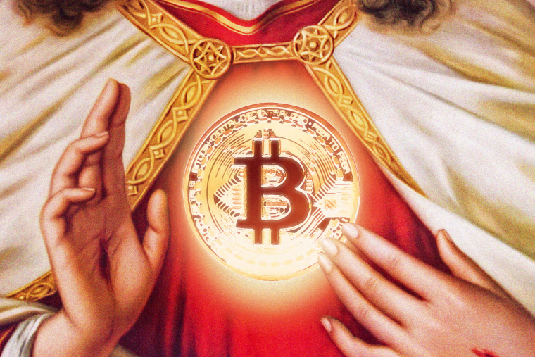 A close up of Jesus Christ making the sign of the cross with a glowing Bitcoin emblem on his robes