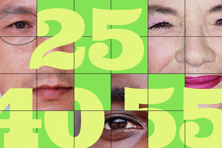 A grid of faces, young and old, with large numbers: 25, 40 and 55.