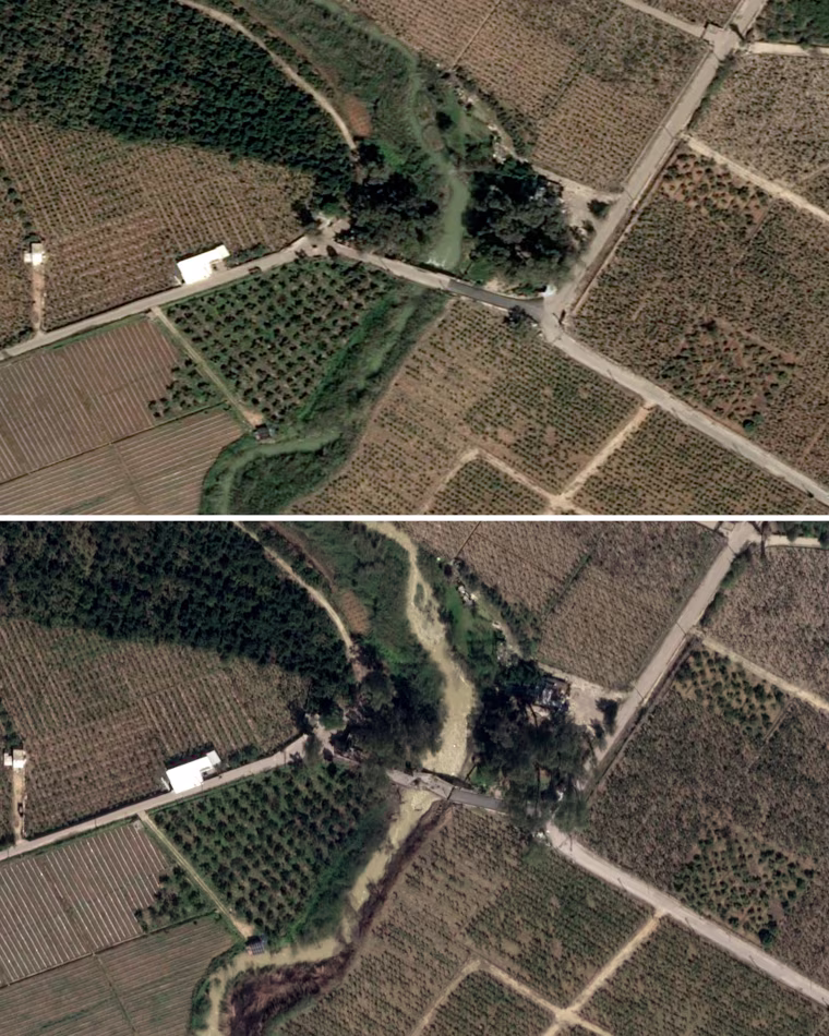 Satellite imagery of Qasmiyeh Kinayat Bridge on March 17, and on Tuesday, below.