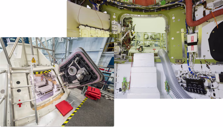 Left: The interior of a mock-up of the Orion capsule at Johnson Space Center in Houston in 2016. Right: The interior of Orion in 2024.