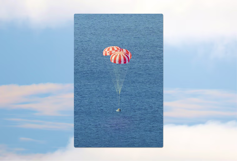 The Orion capsule splashes down off San Diego at the end of the Artemis I mission on Dec. 11, 2022.