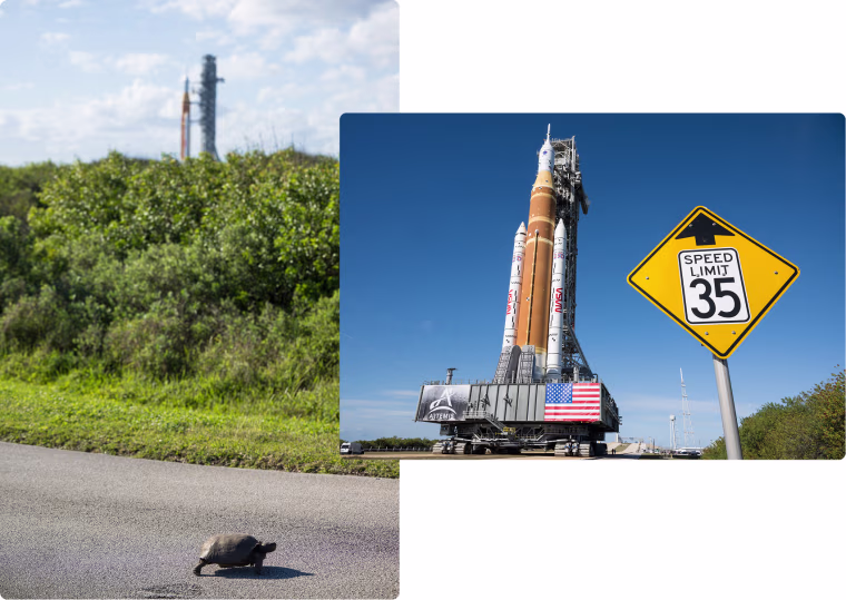 Left: A turtle crosses the road near Kennedy Space Center on Jan. 17. Right: The Space Launch System rocket and Orion capsule on their way to the launchpad.