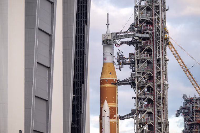 The Space Launch System rocket and Orion spacecraft on Jan. 17.