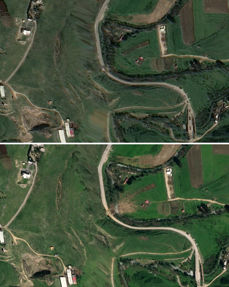 Satellite imagery of Khardali Bridge (Road) on March 13, above, and on March 17, below, clearly damaged. At least seven bridges over the Litani River appear to have been struck by Israeli forces over the past month.